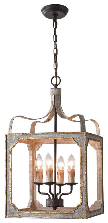 4-Light Lantern Chandelier Square Candelabra Pendant Light, Antique Gray