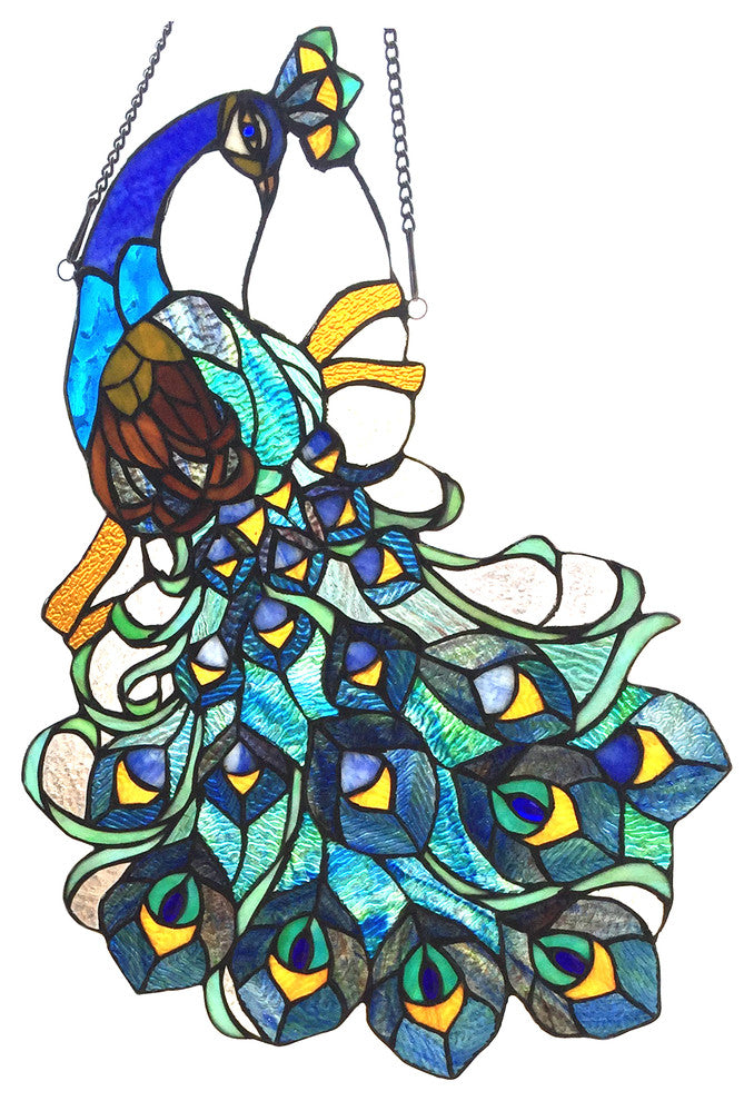 GLORY Tiffany-glass Peacock Window Panel 17x25