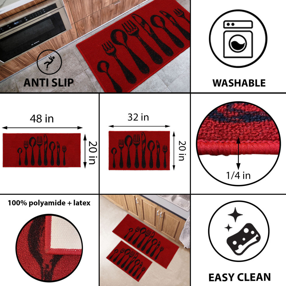 Wool-Effect Kitchen Mat With Chic Cutlery Print, Red, Set of 2