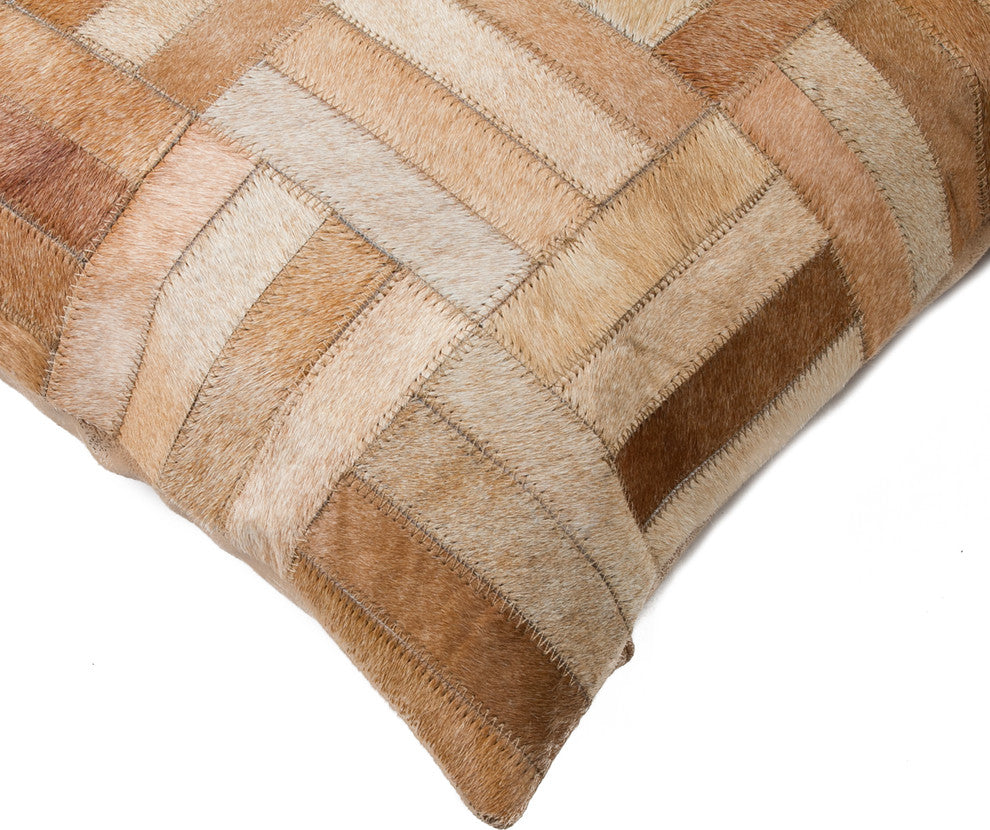 18"x18" Torino Parquet Cowhide Pillow, Tan