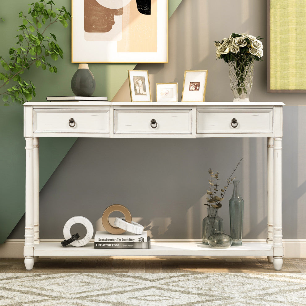 TATEUS 51inch Rustic Chic Console Table With Drawers for Living Room, Antique White