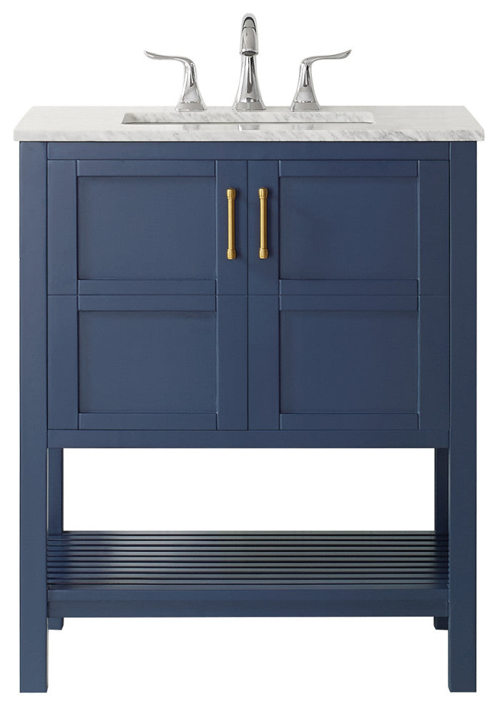30" Vanity in Royal Blue with Carrara White Marble Countertop Without Mirror