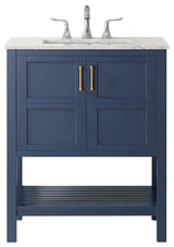 30" Vanity in Royal Blue with Carrara White Marble Countertop Without Mirror