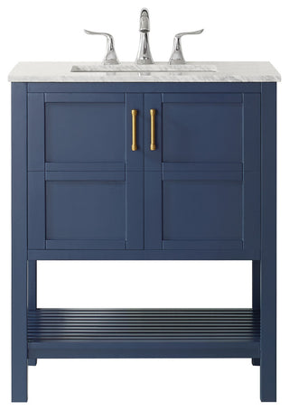 30" Vanity in Royal Blue with Carrara White Marble Countertop Without Mirror