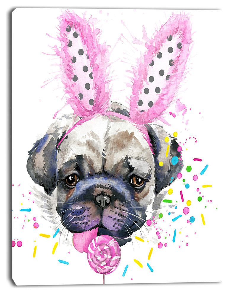 Cute Dog with Pink Feather Hat, Contemporary Animal Art Canvas, 12"x20"