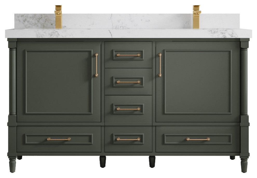 Aberdeen 60 Double Bathroom Vanity in Pewter Green 2" Calacatta Nuvo
