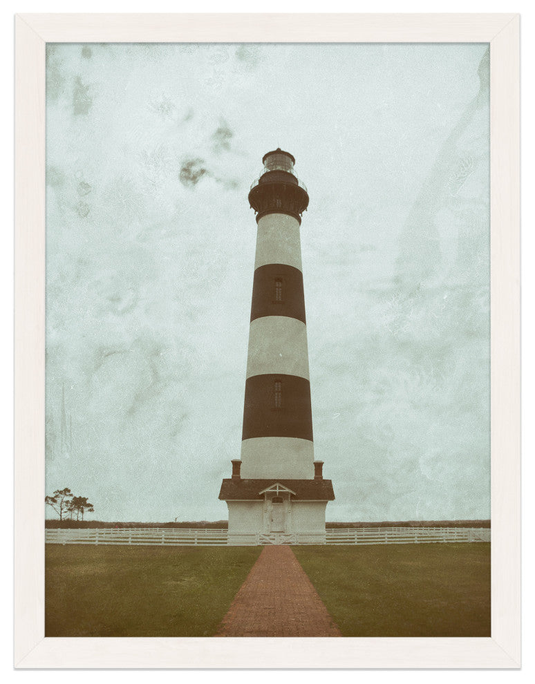 Aged Bodie Lighthouse Landscape Framed Photo Paper Wall Art Prints, White, 12" X 16"