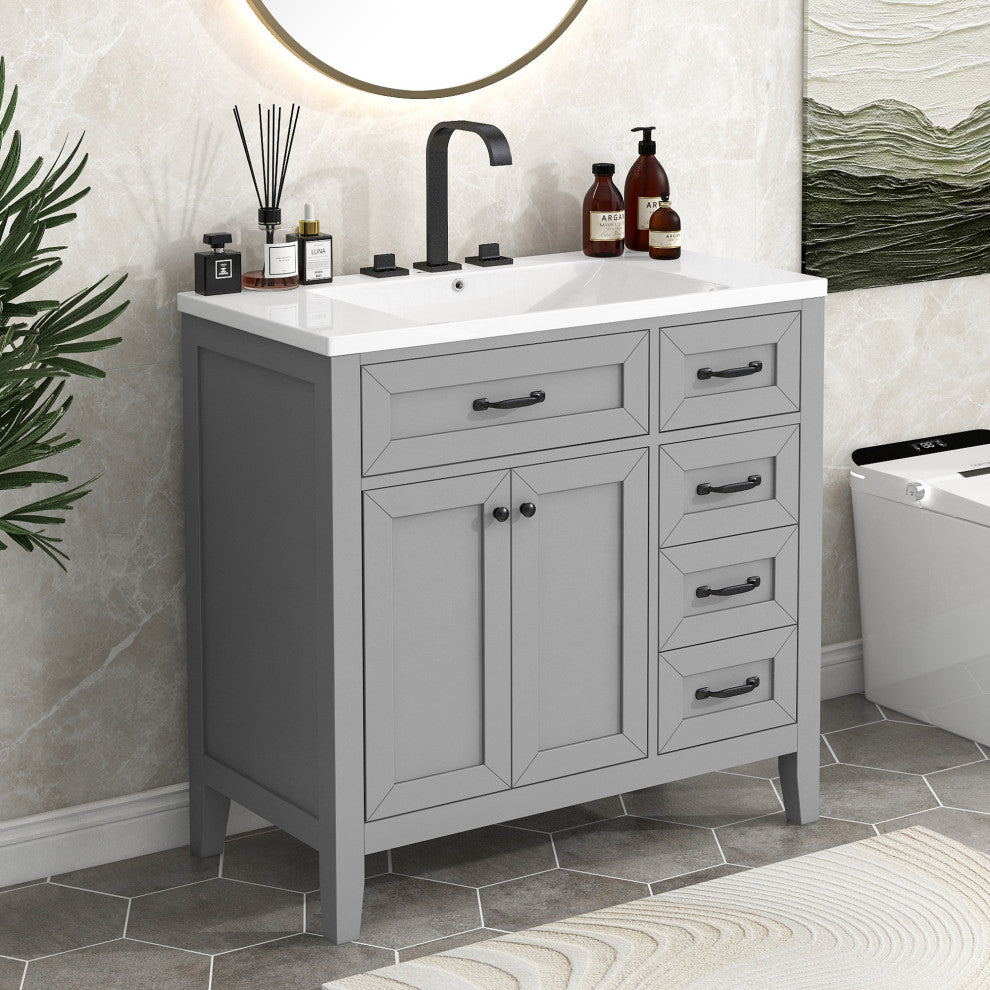 36 in. Freestanding Bathroom Vanity Set with Ceramic Integrated Single Sink, Grey