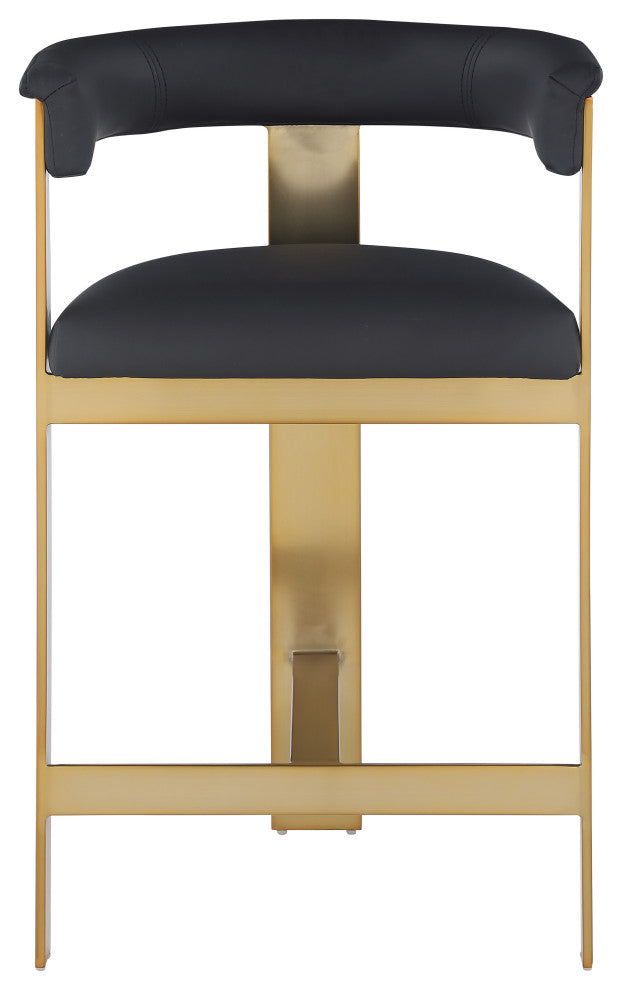 Romeo Upholstered Counter Stool, Set of 2, Black, Vegan Leather, Brushed Gold
