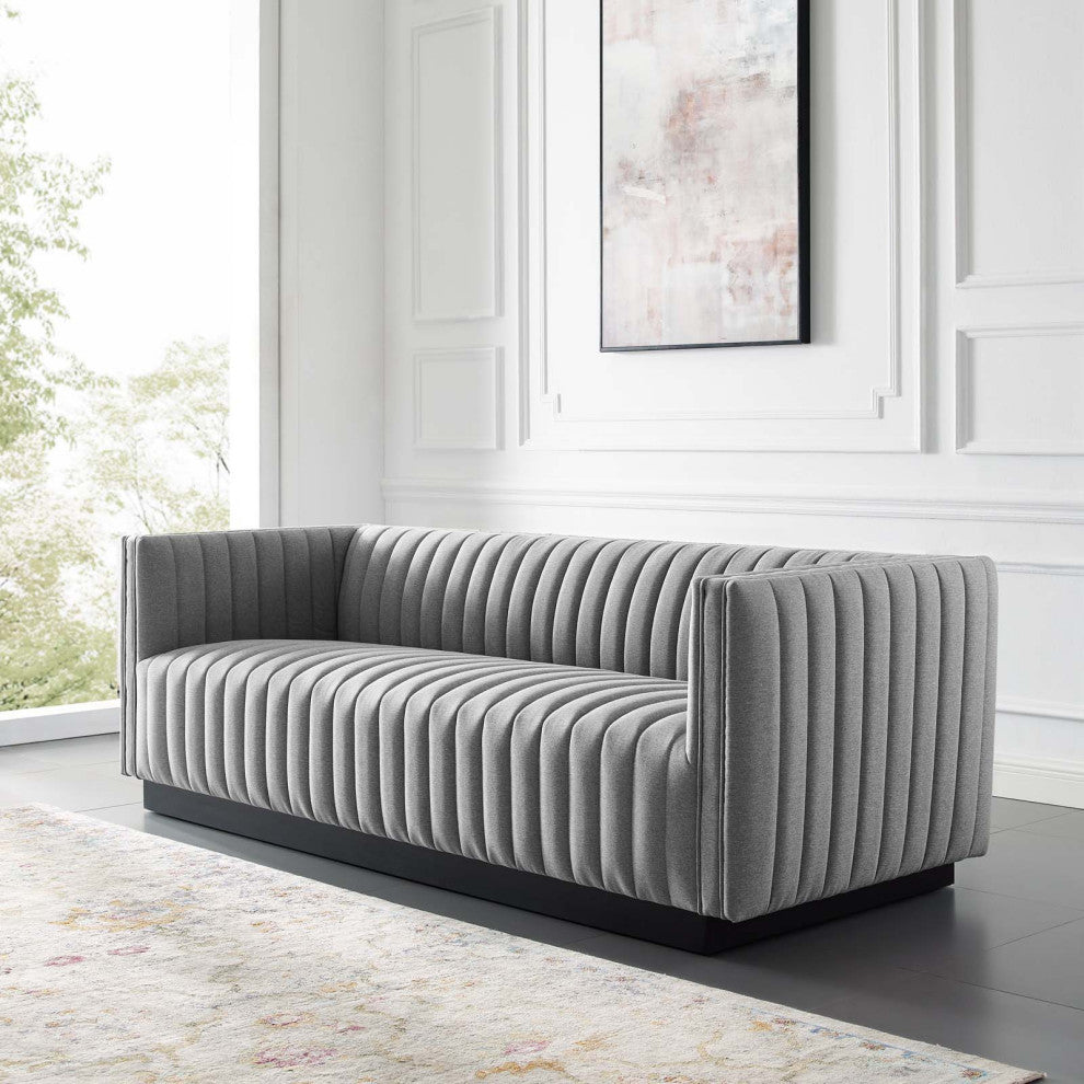 Tufted Sofa, Fabric, Gray, Modern, Living Lounge Hotel Lobby Hospitality