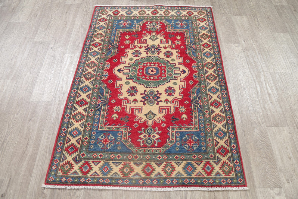 Kazak Oriental Traditional Carpet Pakistani Bordered Area Rug, Beige, 4'8"x3'4