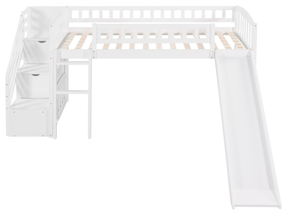 Gewnee Wood Twin Loft Bed with Storage Stairway and Slide in White