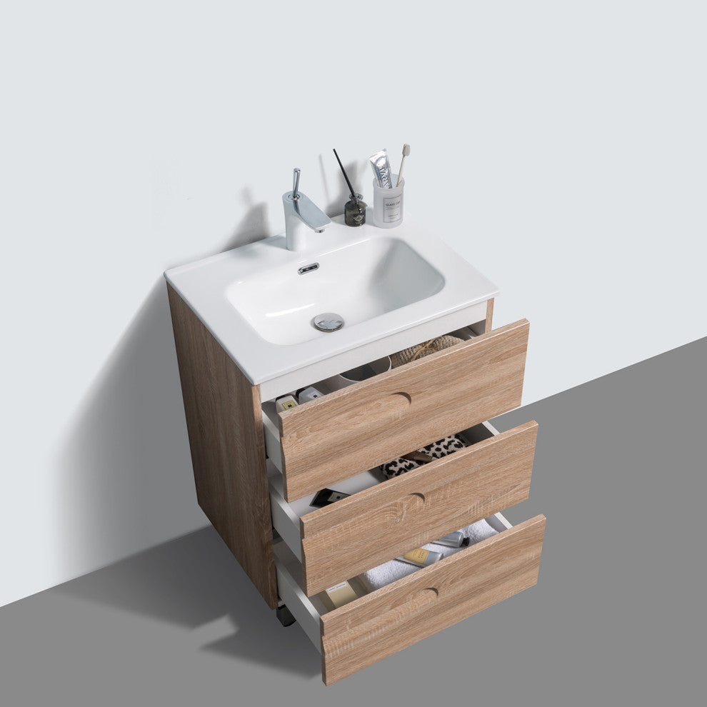 Eviva Joy 24" Maple Freestanding Bathroom Vanity With White Integrated Top