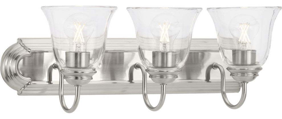 Three-Light Brushed Nickel Transitional Bath and Vanity Light With Clear Glass