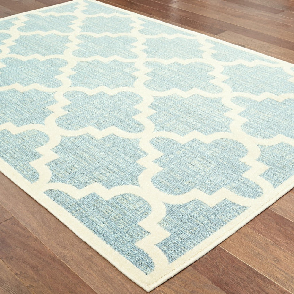 HomeRoots 6' x 9' Blue Ivory Machine Woven Geometric Indoor or Outdoor Area Rug
