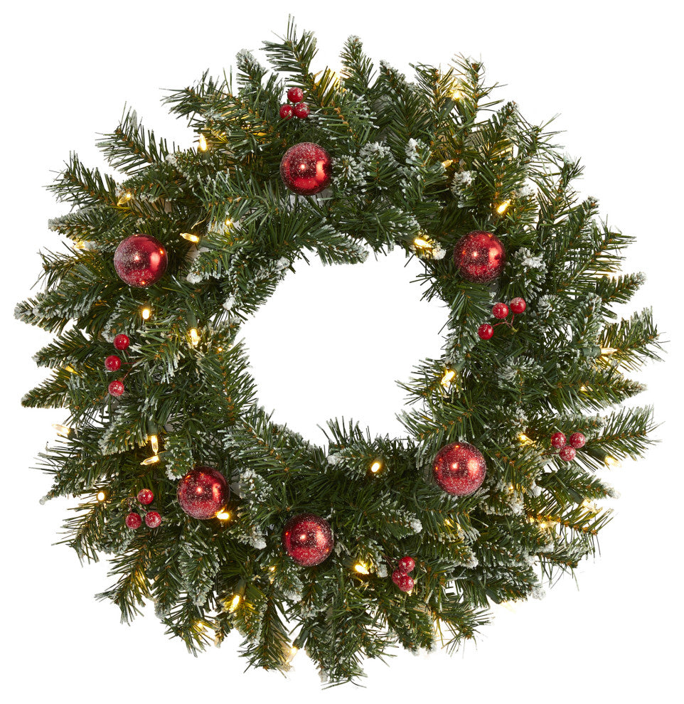 24" Frosted Faux Christmas Wreath With 50 LED Lights, Ornaments and Berries