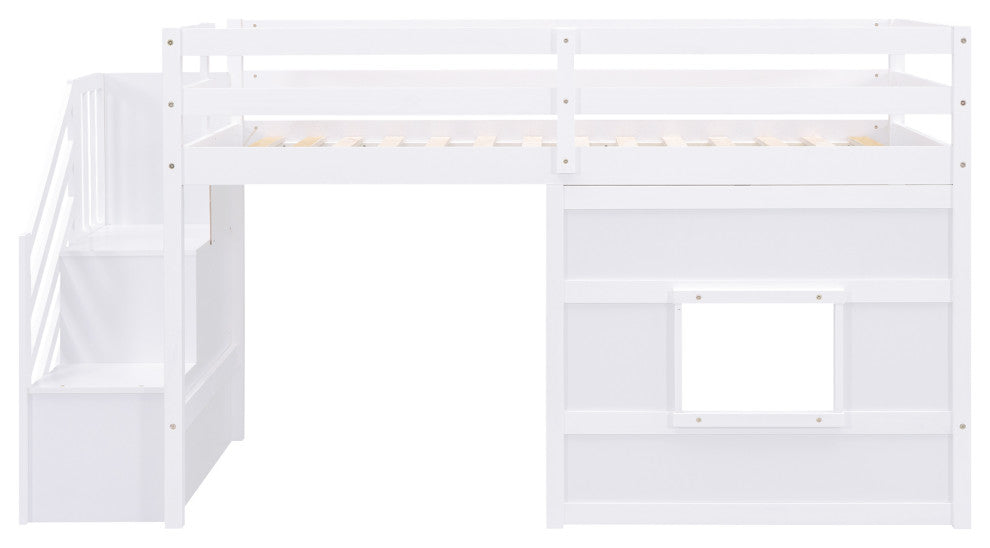 Gewnee Twin Size Loft Bed with Storage Staircase and Window