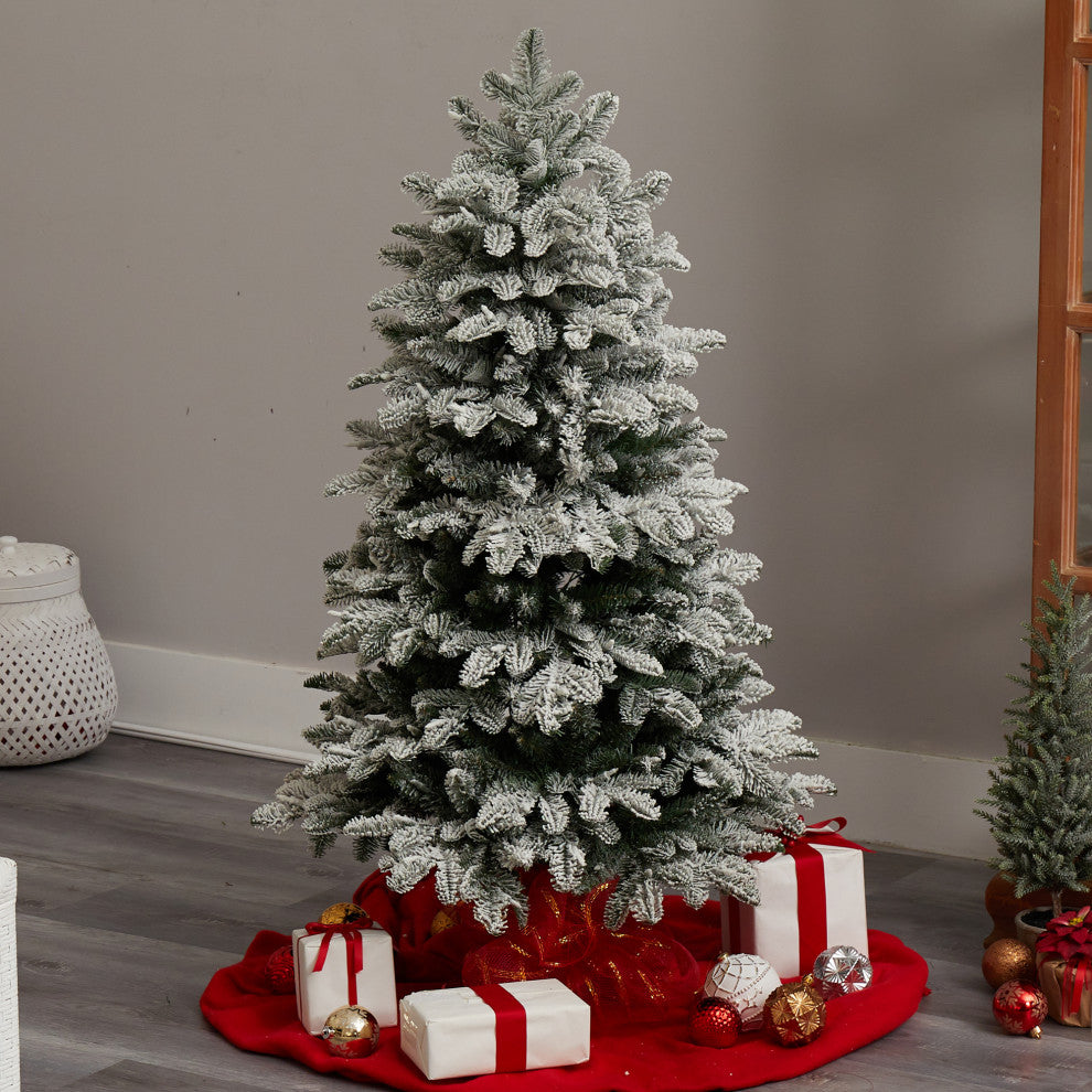 4' Flocked North Carolina Fir Faux Xmas Tree W/White Lights & Bendable Branches