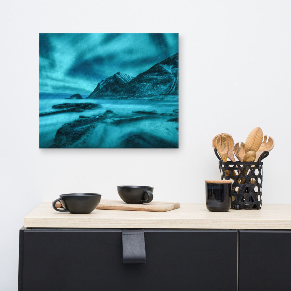 Blue Northern Lights and Mountain Coast Landscape Photo Canvas Wall Art Prints, 16" X 20"