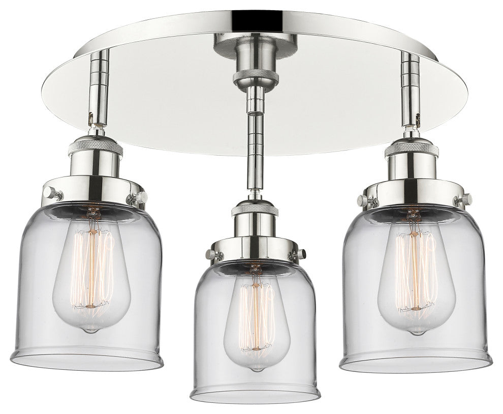 Bell-3 Light 17" Flush Mount-Polished Nickel, Clear Glass Shade
