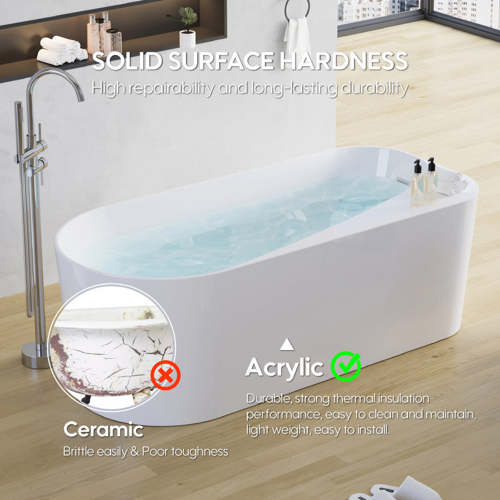 65 inch Freestanding Solid Surface Soaking Bathtub in Cement Grey