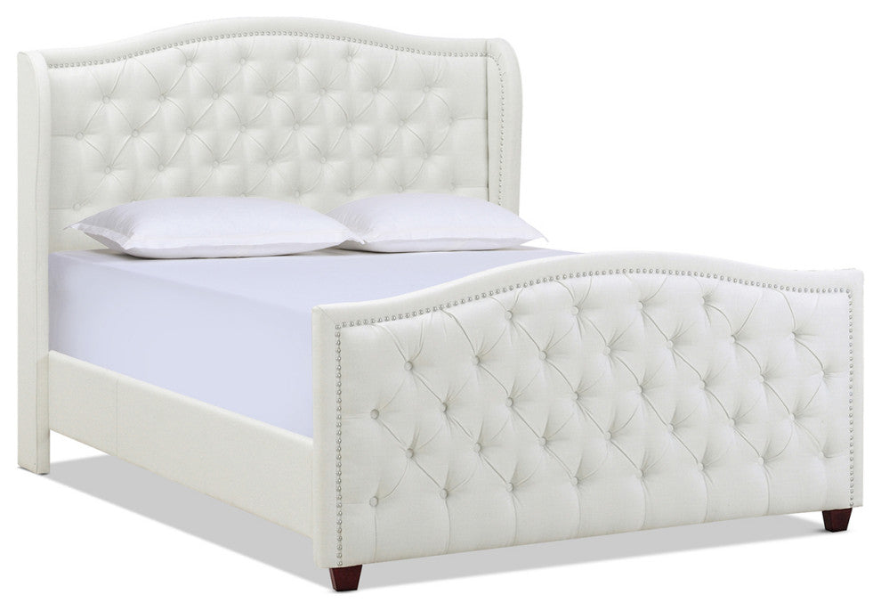 Marcella Upholstered Tufted Shelter Wingback Panel Bed, Antique White Polyester, Queen