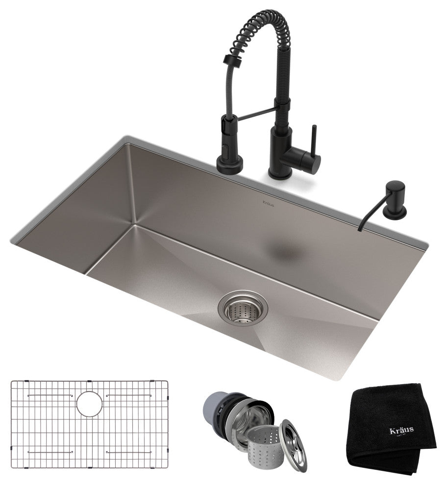 30" Undermount Stainless Steel Kitchen Sink, Pull-Down Faucet MB, Dispenser