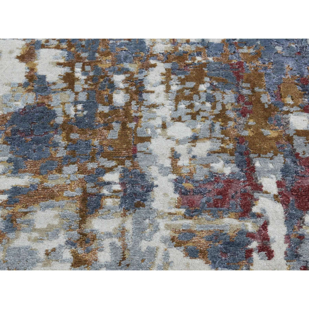 Thunder Gray Modern Abstract Wool and Silk Hand Knotted Runner Rug, 2'6"x10'