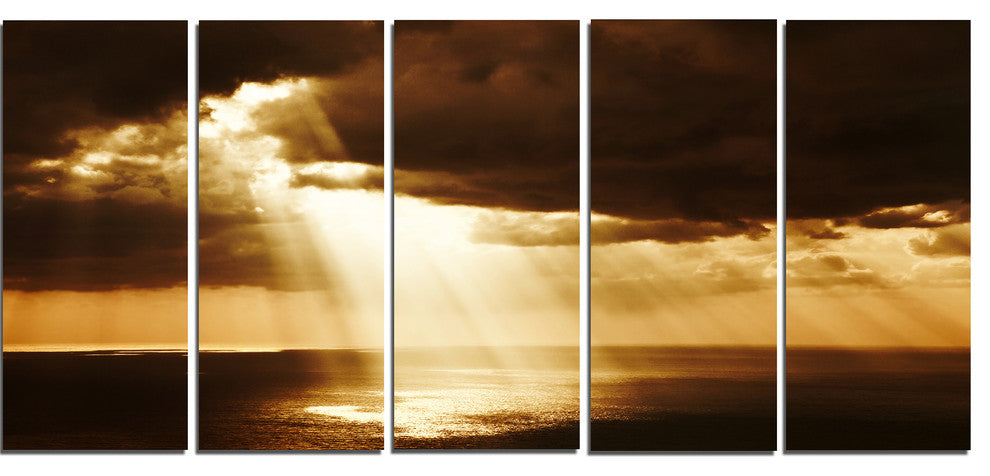 Dramatic Sunset with Sunrays, Landscape Canvas Art Print, 60"x28", 5 Panels