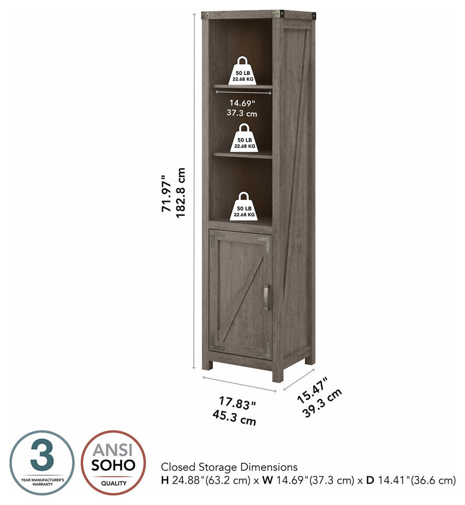 kathy ireland Home Cottage Grove Narrow Bookcase With Door, Restored Gray