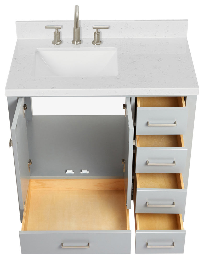 Ariel Cambridge 36" Left Offset Single Rectangle Sink Vanity Carrara Quartz, Gray