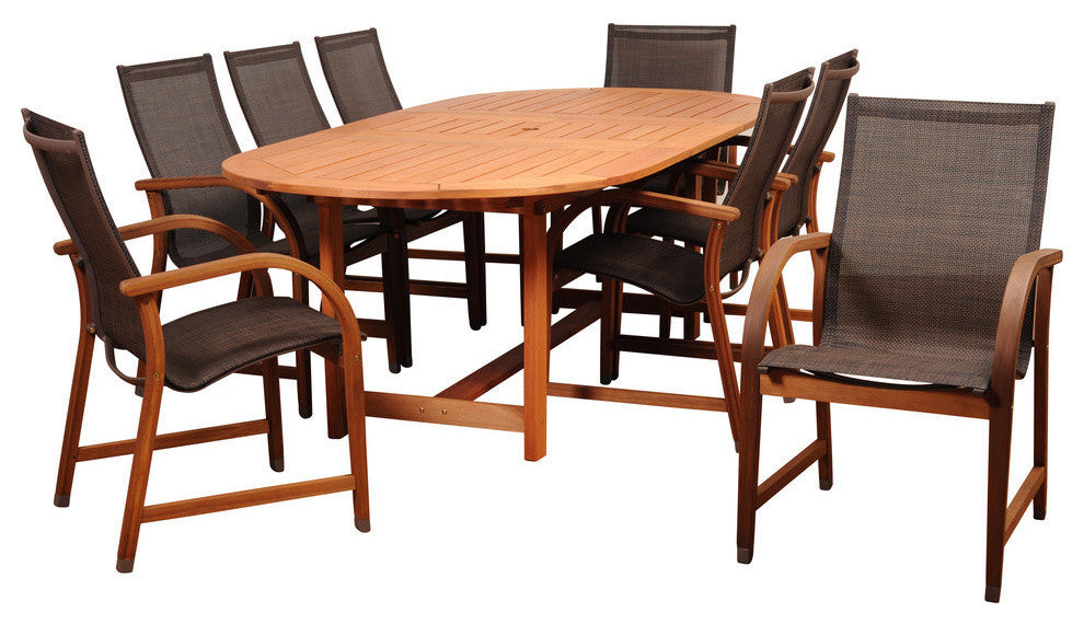 Amazonia Bahamas 9-Piece Eucalyptus Extendable Dining Set With Brown Sling Chair