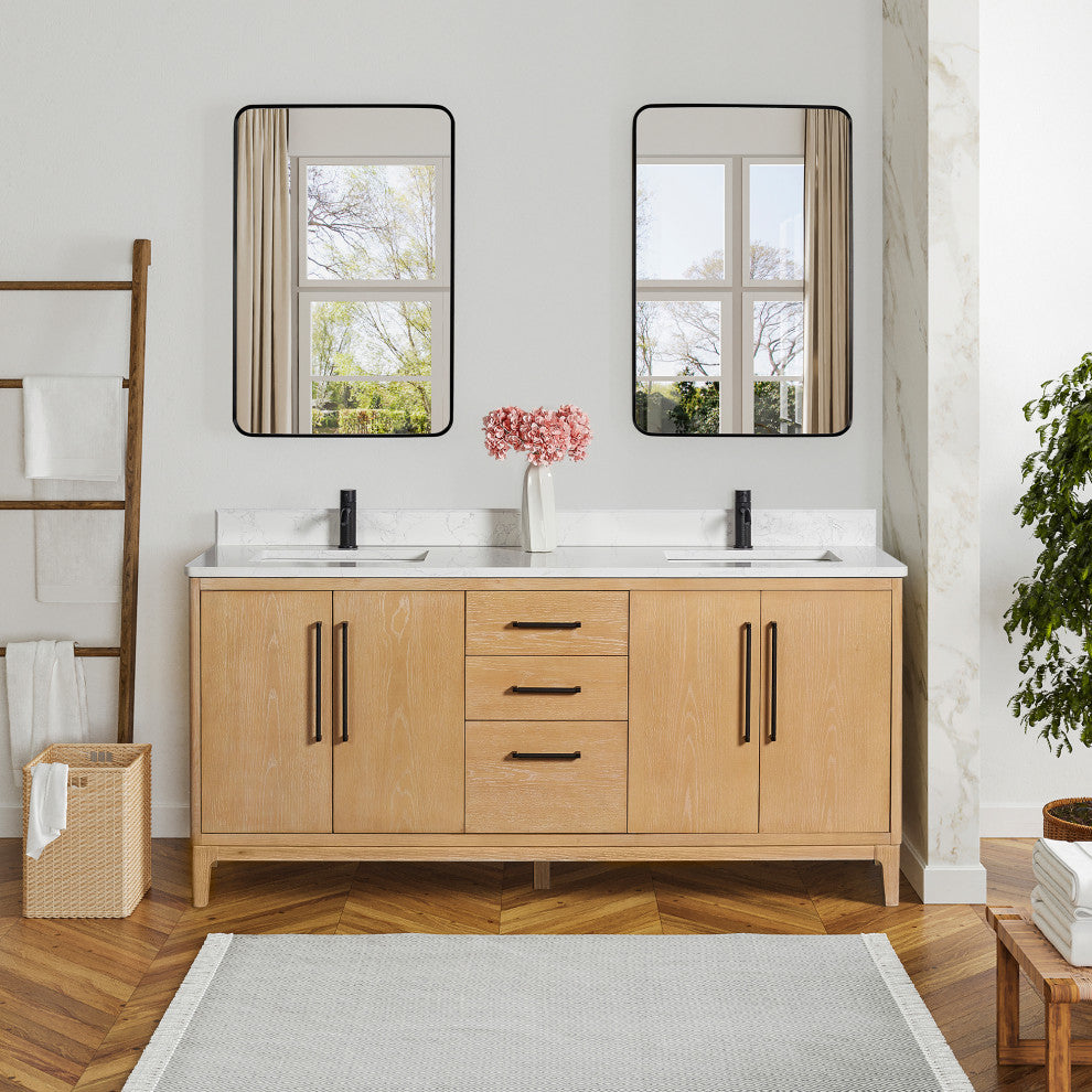 Gara Bath Vanity, Stone Top, Washed Ash Grey, 72", Double Vanity, No Mirror