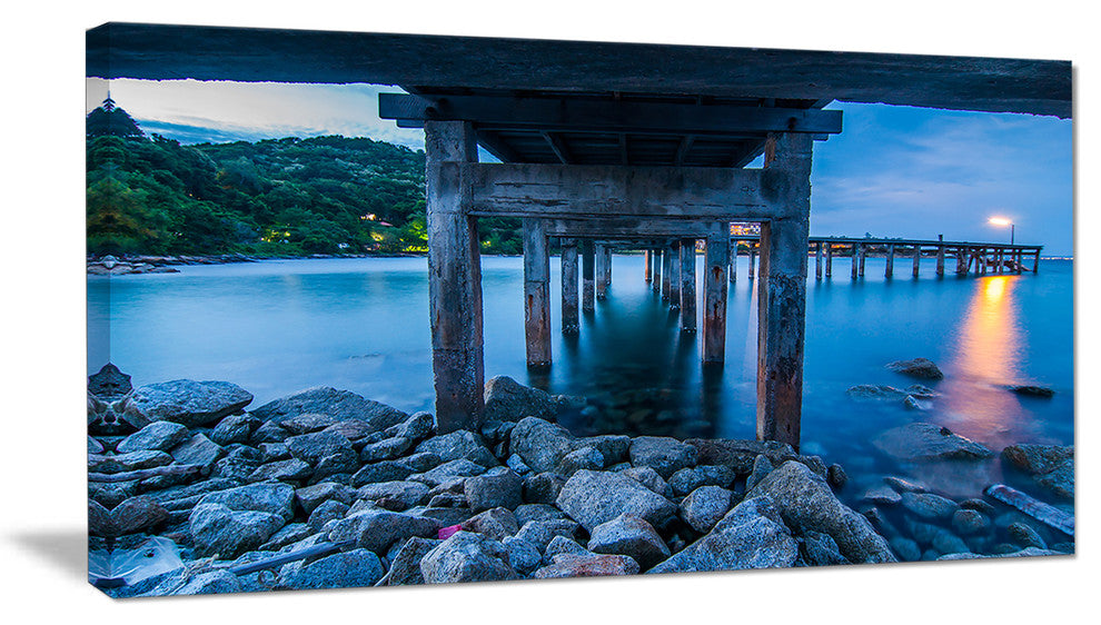 "Under Wood Bridge At Twilight" Sea Bridge Canvas Wall Artwork, 40"x20"