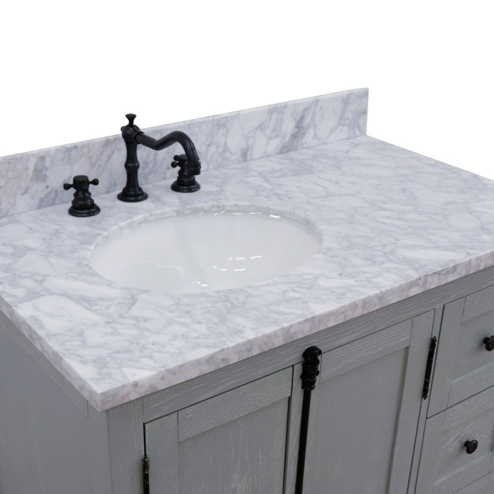 37" Single Vanity, Gray Ash With White Carrara Top, Left Doors/Left Oval Sink