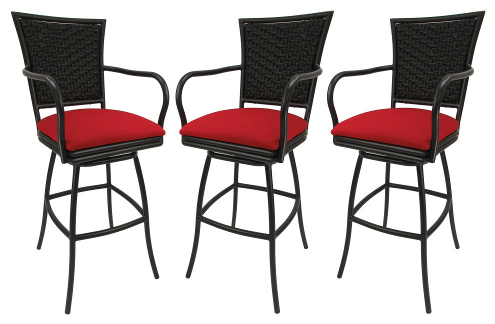 Set of 3, Outdoor/Indoor Swivel Bar Stools Erin, Red Linen on Brown, 34"