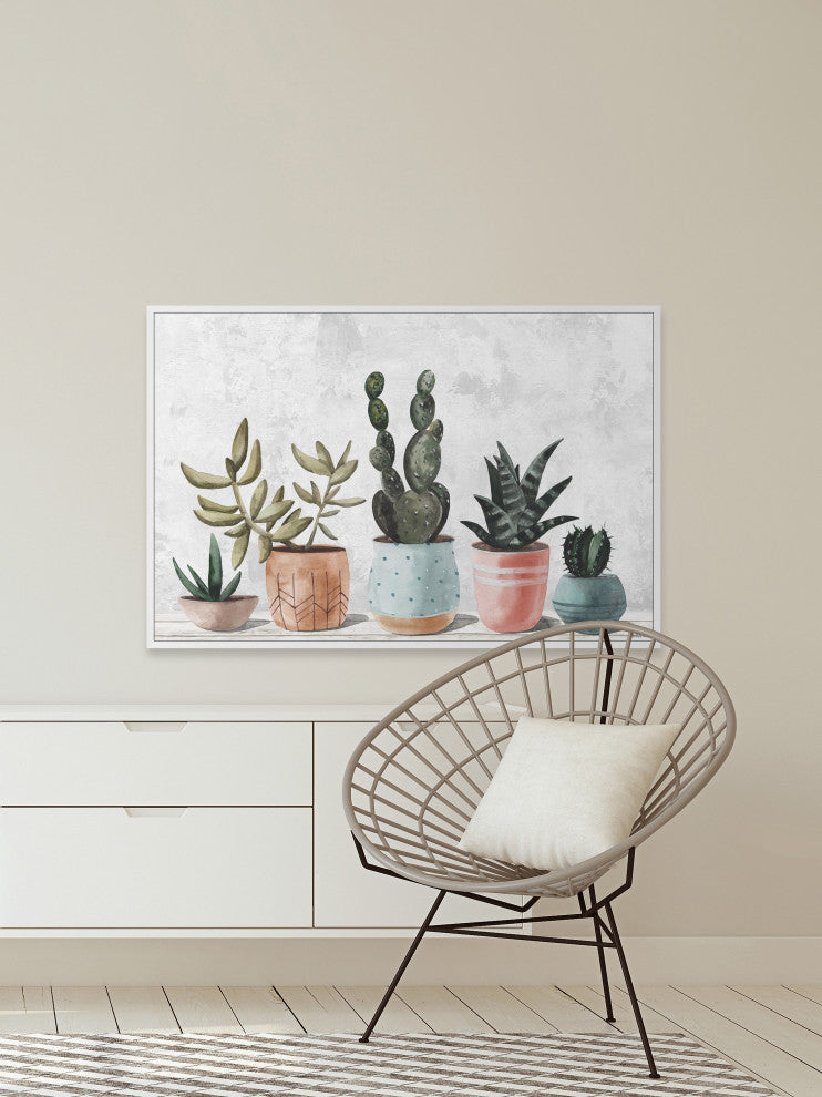 "Succulent Pastel Pots" Floater Framed Painting Print on Canvas