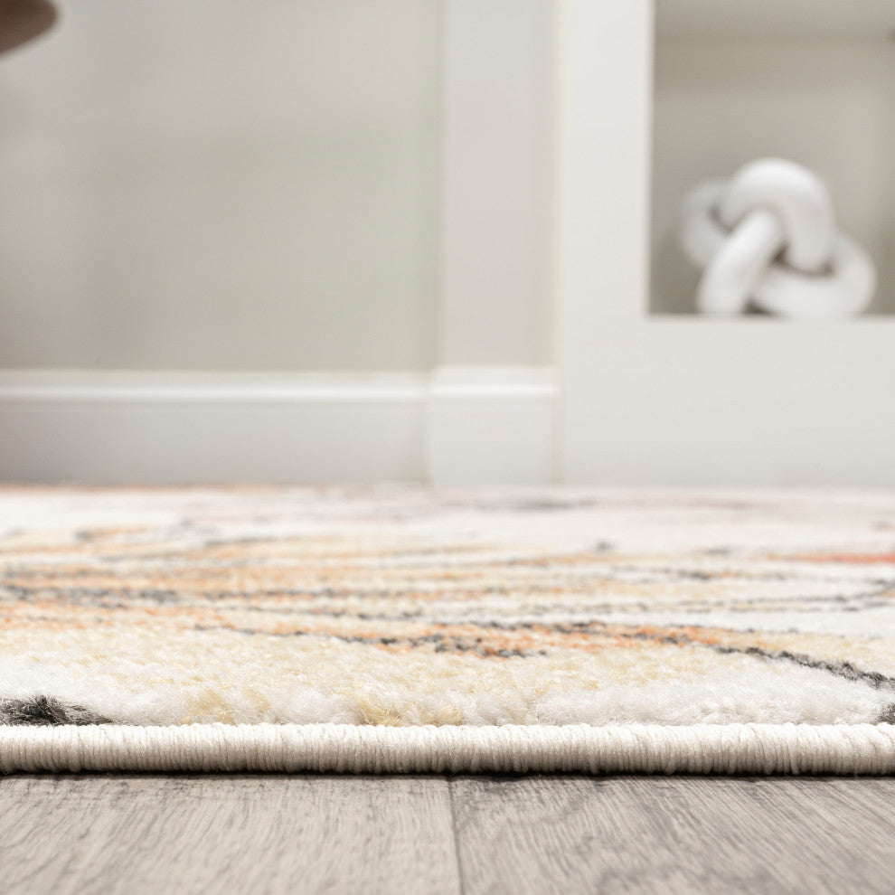 Giglio Modern Botanical Flower Area Rug, Orange/Blue/Cream, 5 X 8