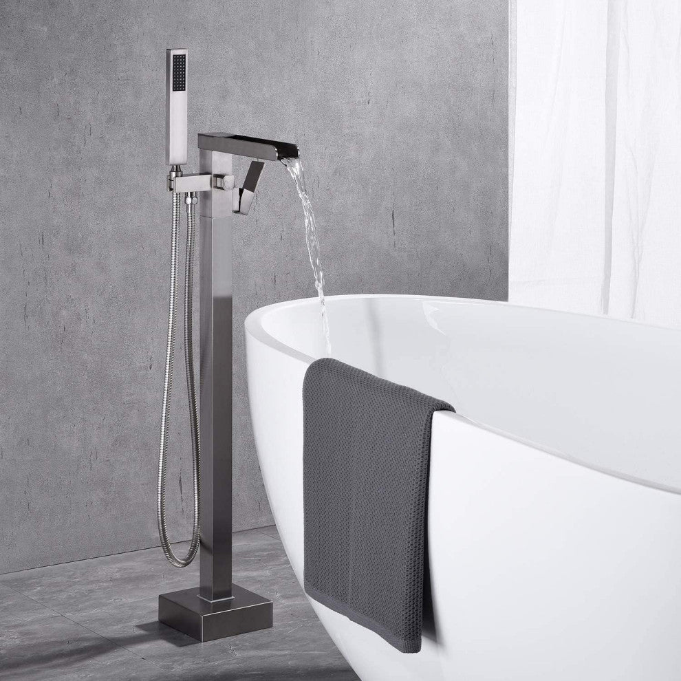 Single Handle Floor Mounted Freestanding Tub Filler with Hand Shower, Brushed Ni