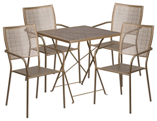 28" Square Gold Indoor-Outdoor Steel Folding Patio Table Set, 4 Back Chairs