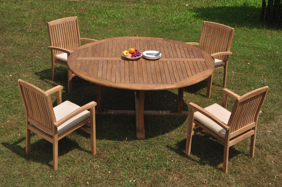 5-Piece Outdoor Teak Dining Set: 72" Round Table, 4 Wave Stacking Arm Chairs