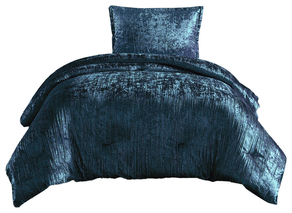 Benzara BM283888 Jay 2 Piece Twin Comforter Set, Polyester Velvet Texture, Blue
