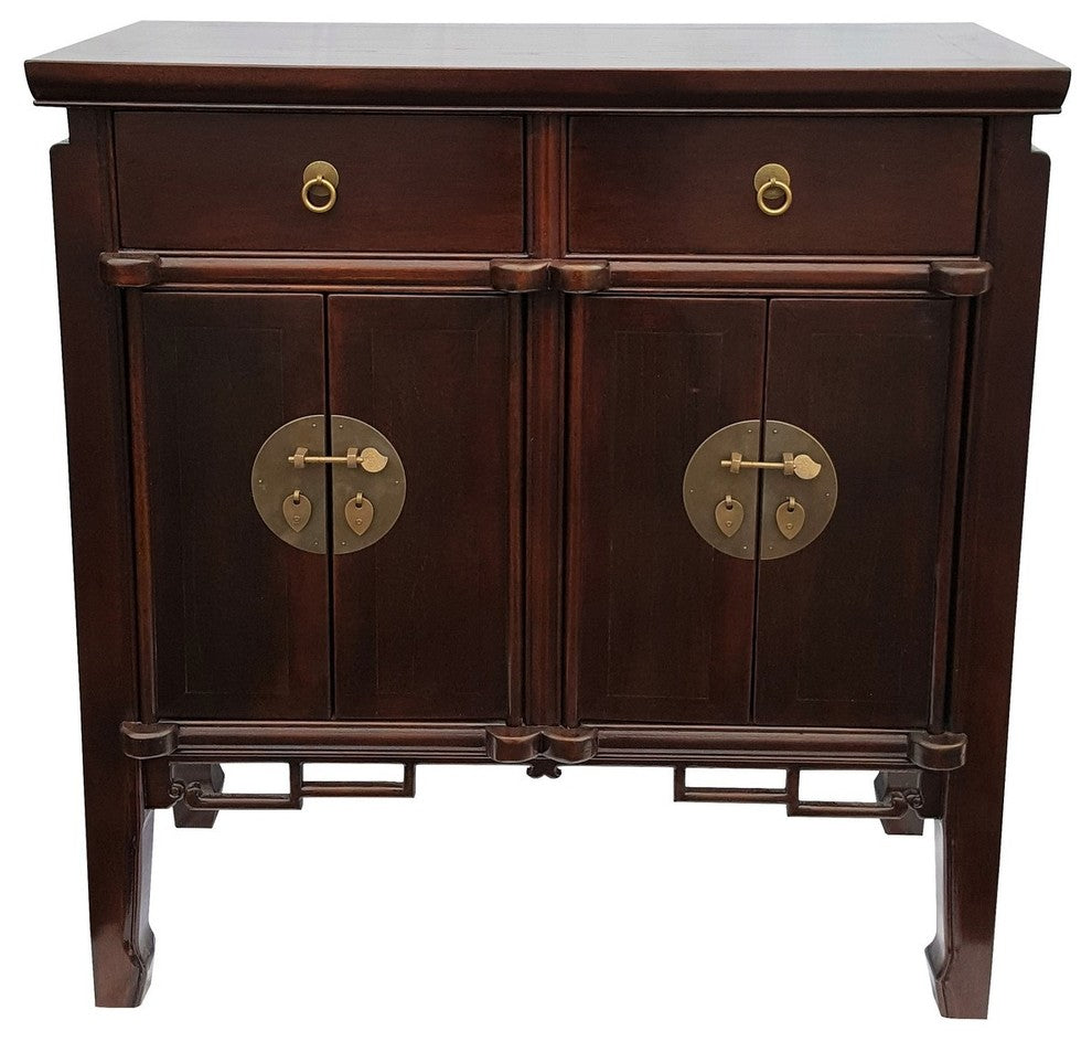 Asian Four Door Buffet With Key Carving, Dark Walnut