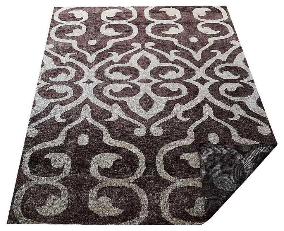 Hand Knotted Silk Area Rug Contemporary Brown Beige