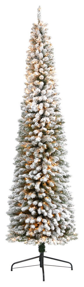 9' Flocked Pencil Faux Xmas Tree With 600 Clear Lights and 896 Bendable Branches