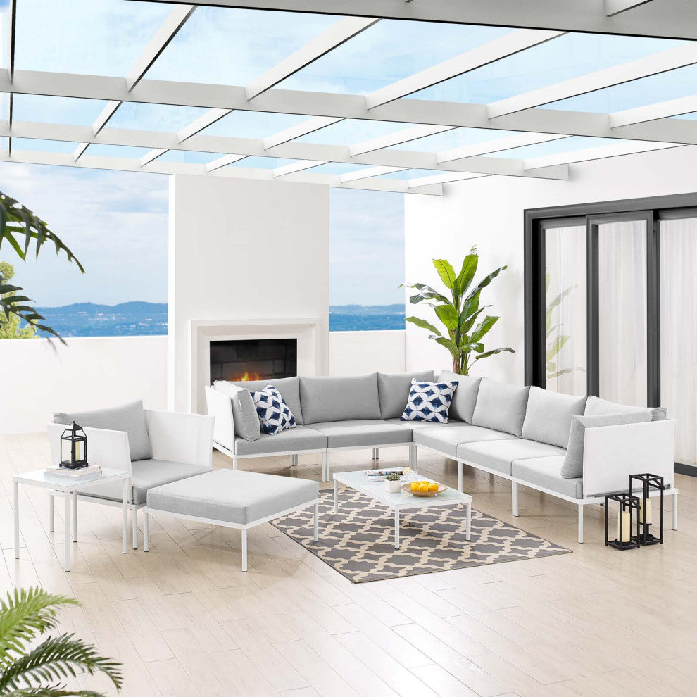 Sectional Sofa Chair Table Set, Sunbrella, Aluminum, White Gray, Outdoor
