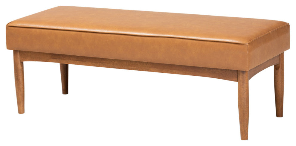 San Simeon Mid-Century Tan Faux Leather and Walnut Brown Wood Dining Bench