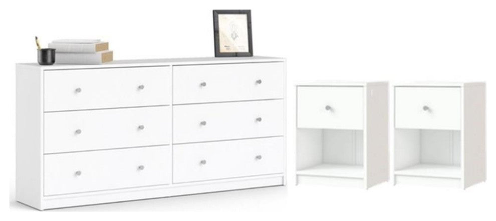 3 Piece Modern Wood Dresser and Nightstand Bedroom Set in White