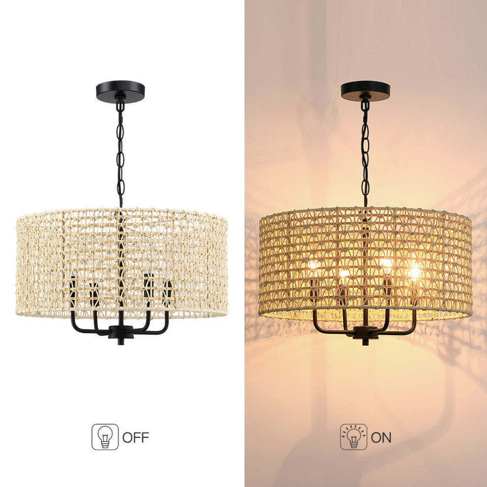20" 4-Light Rattan Drum Chandelier Light With Black Canopy