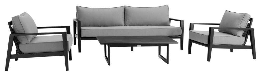 Grand 4 Piece Black Aluminum Outdoor Seating Set With Dark Gray Cushions